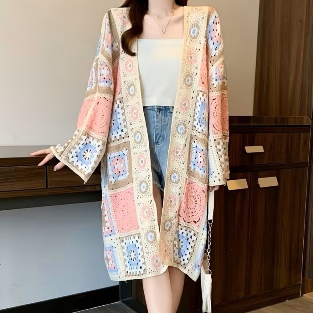 Unbranded Pastel Granny Square Crochet Cardigan Boho Kimono Pink NEW Sz OS